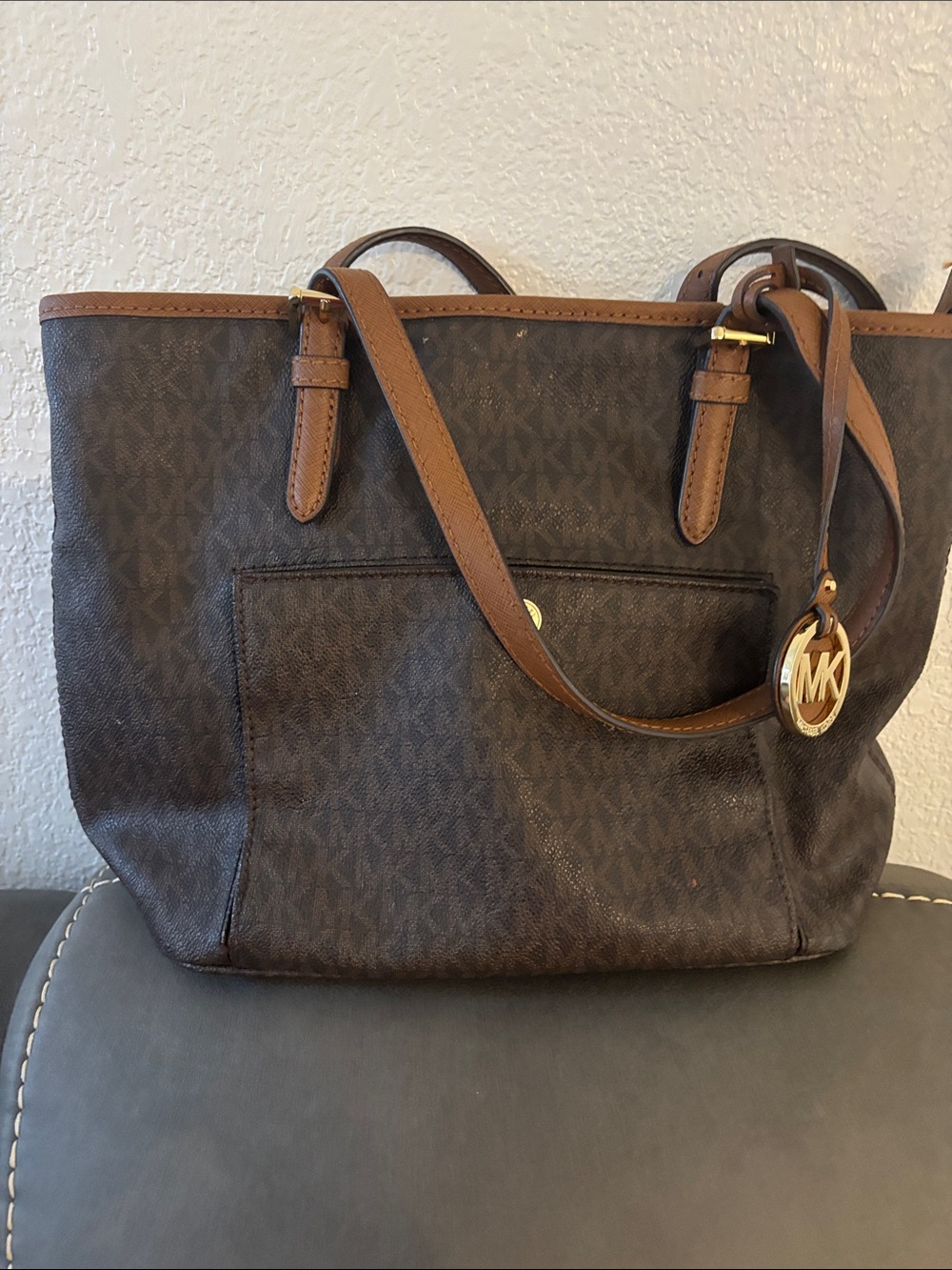 Michael Kors Brown Logo Mini Tote with Tan Trim and Gold MK Charm
